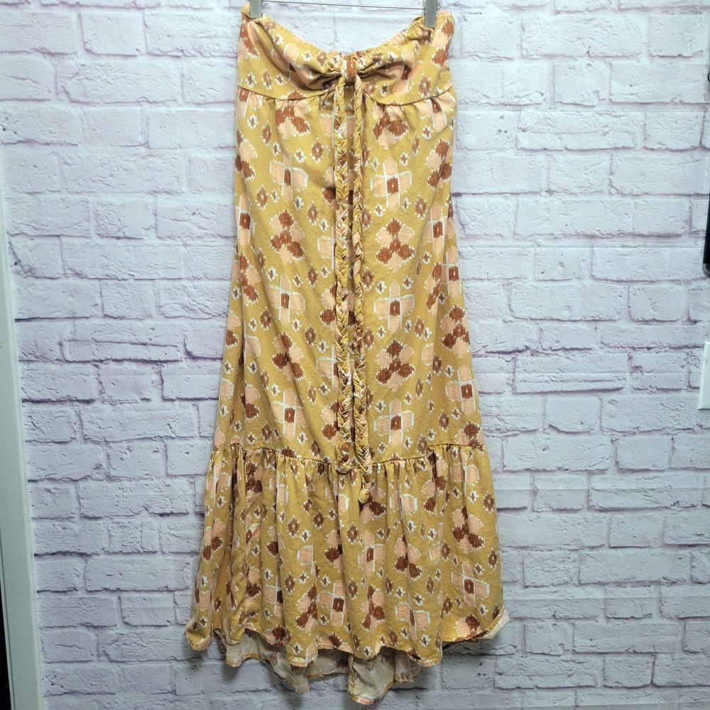 Aerie High Low Halter Maxi Sundress Size M Mustard Yellow Batik Linen Blend Boho